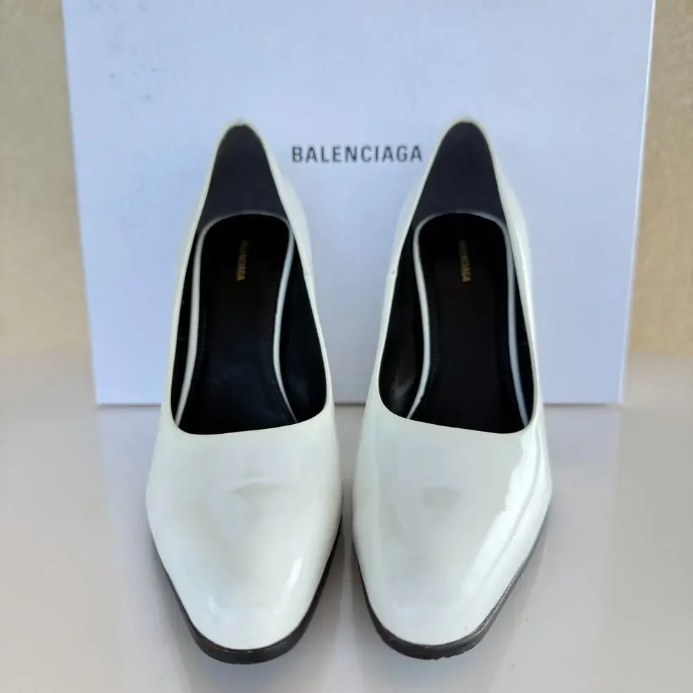 NIB Balenciaga Round 110 White Shiny Patent Leather High Heel Pumps Size 35.5